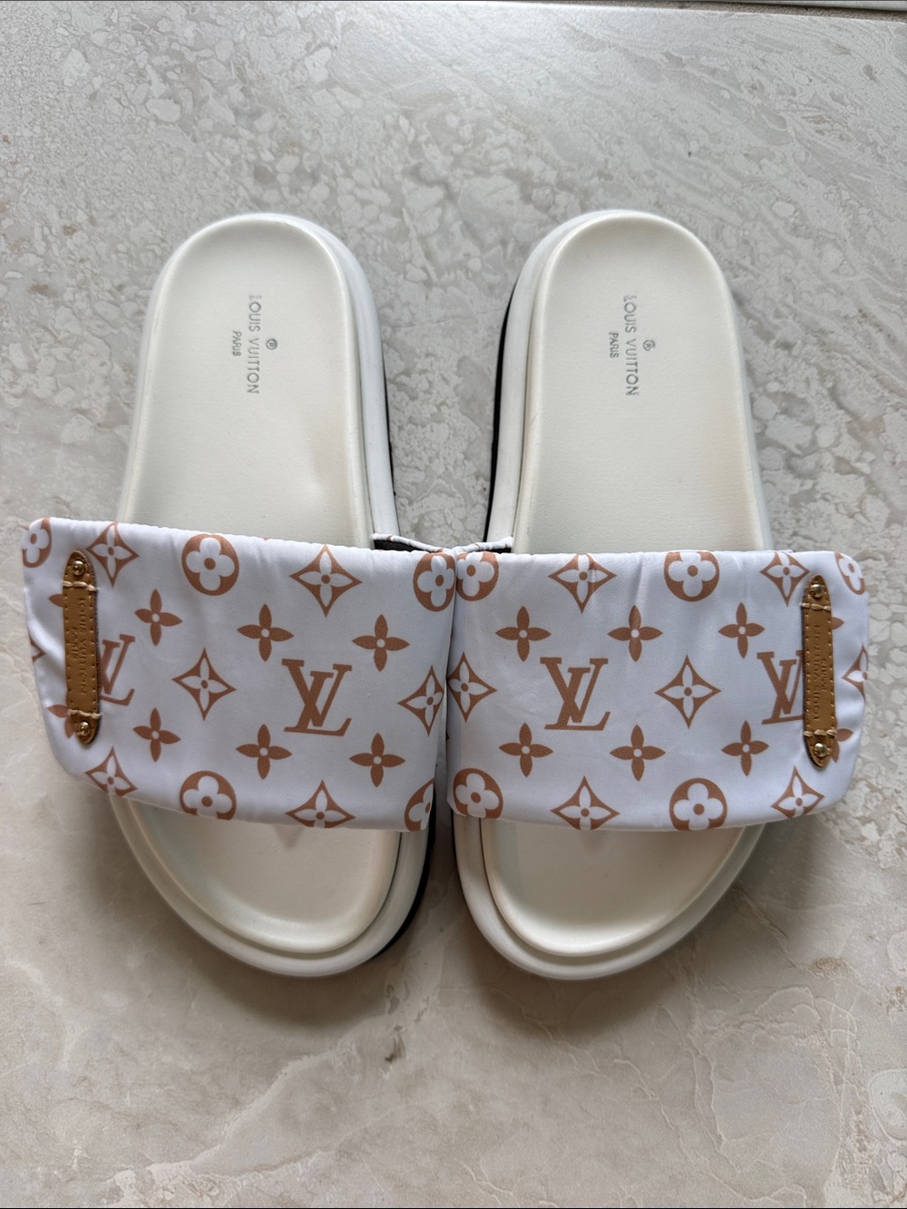 Louis Vuitton White & Tan Monogram Padded Slide Sandals